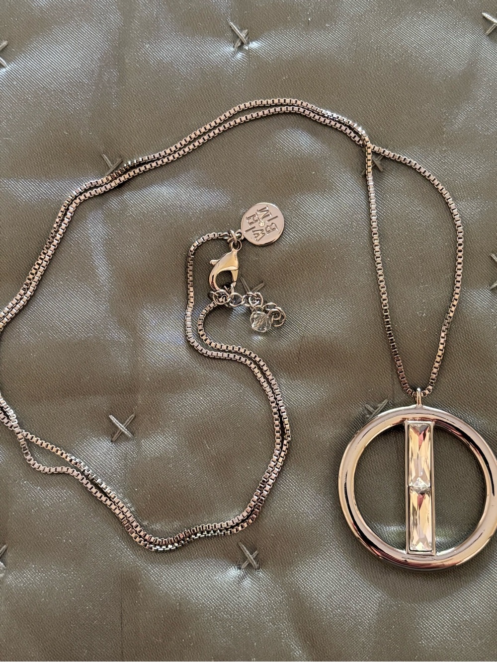 White House Black Market Silver-Tone Round Pendant Necklace with Crystal Bar
